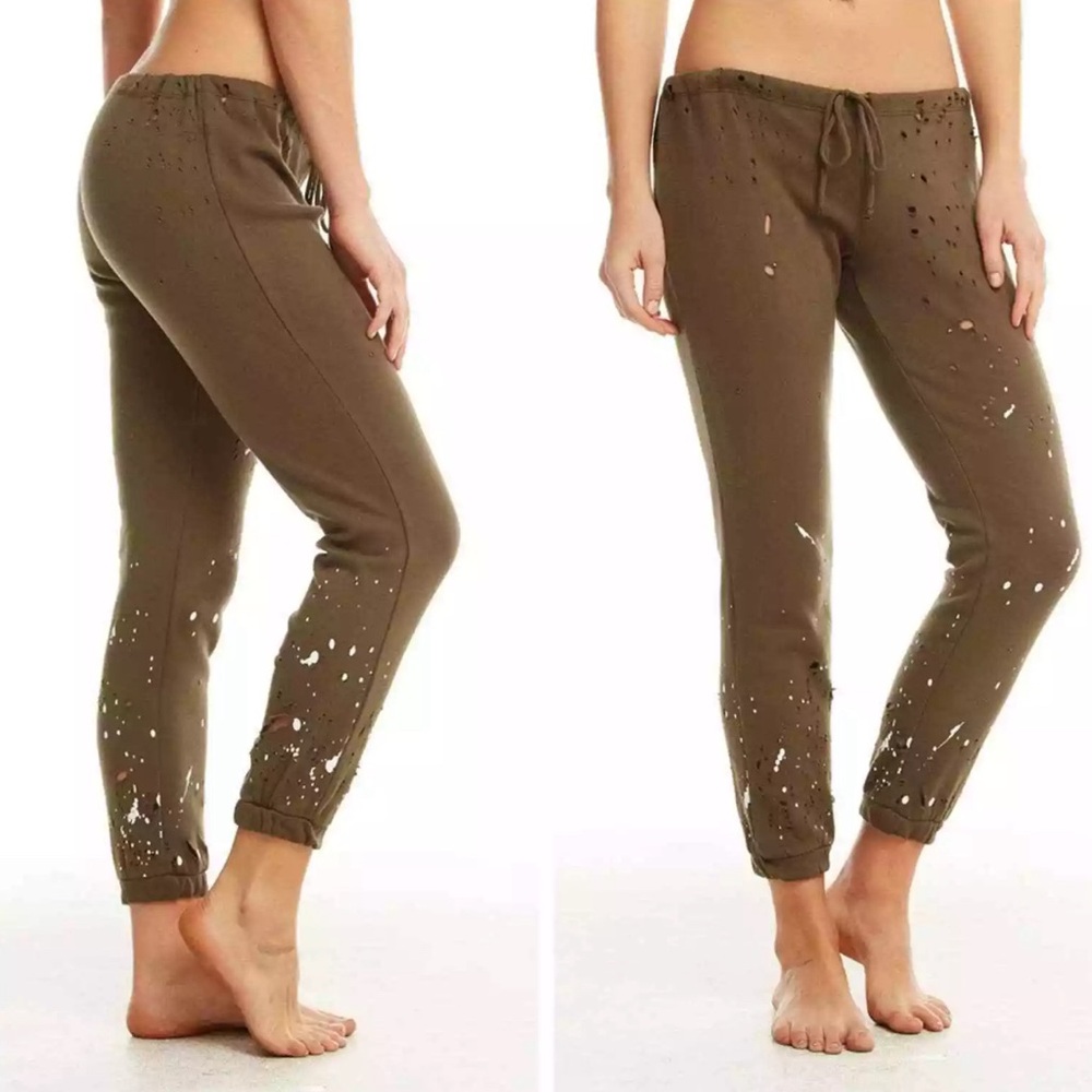 Chaser Studded Distressed Splatter Olive Green Fleece Jogger Pants Size M